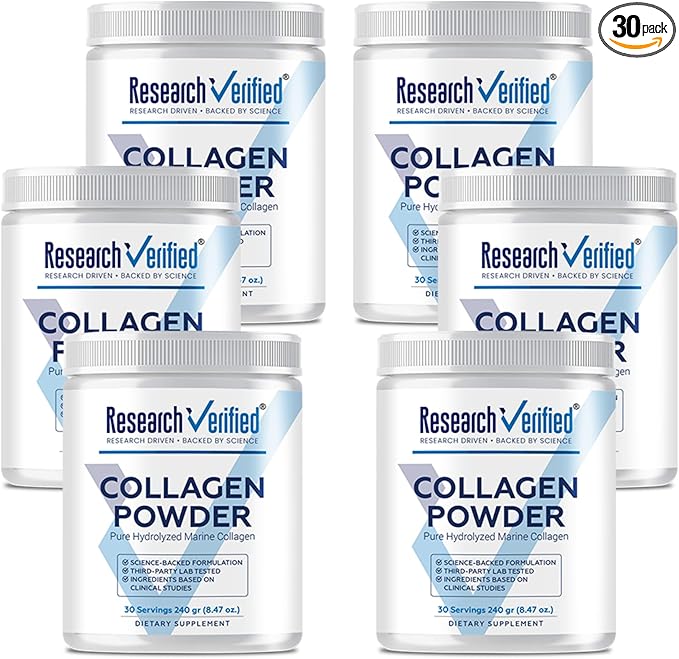 Research Verified® Collagen Powder - Hydrolyzed Marine Collagen Peptides - Unflavored - Skin Hydration and Elasticity, Muscle Recovery, Non GMO - 30 Scoops Per Container - 6 Month Supply