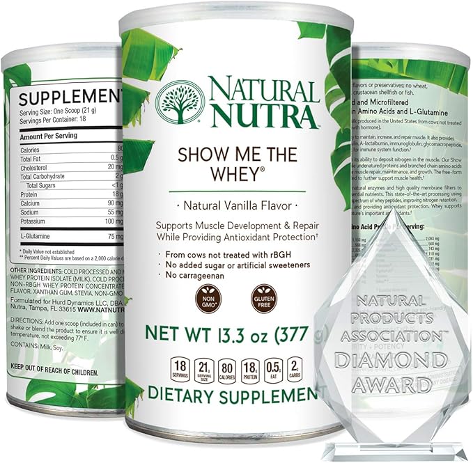 Natural Nutra Grass Fed Vanilla Show Me The Whey Protein Source Powder Enhance Digestion, Improve Body Fluid Flow, Support Bone Health and Boost Immunity, Gluten Free, Sugar-Free, Non-GMO, 13.3oz
