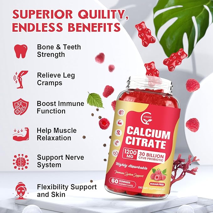 (2 Pack) Sugar Free Calcium Citrate Gummies 1200 mg with Vitamin d3, K2, Magnesium, Zinc for Bone, Muscle & Immune Support, High Absorption Calcium Supplement for Women, Raspberry Flavor, 60 Chews