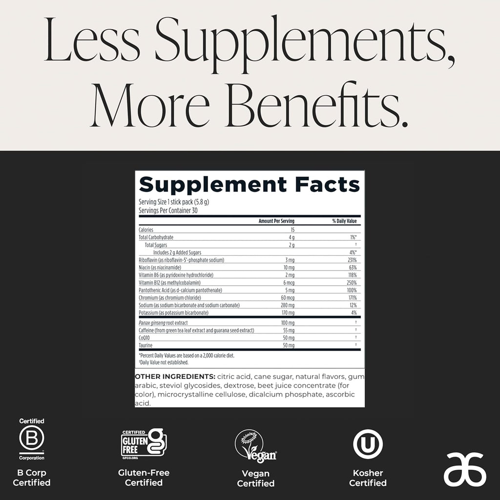 Arbonne Ginseng Energy Supplements - PomegranateFlavor Fizz Sticks, Energy Boost with Caffeine Powder from Guarana and Green Tea, Delicious Alternative to Caffeine Pills