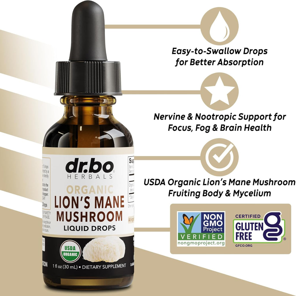 Lions Mane Mushroom Supplement Drops - Organic Lion's Mane Mushroom Liquid Tincture for Focus, Fog Brain Health Supplements - Vegan Herbal Nervine Nootropic Organic Lions Liquid Supplement Extract 1oz