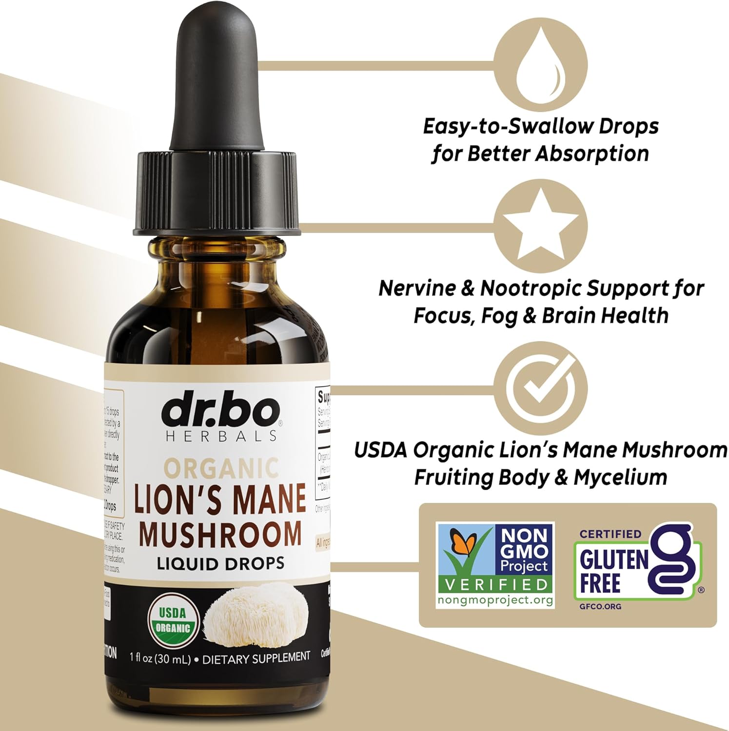 Lions Mane Mushroom Supplement Drops - Organic Lion's Mane Mushroom Liquid Tincture for Focus, Fog Brain Health Supplements - Vegan Herbal Nervine Nootropic Organic Lions Liquid Supplement Extract 1oz
