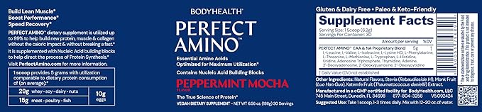 BodyHealth PerfectAmino - BCAA and EAA Powder for Pre and Post Workout - Amino Acid Energy Drink for Men and Women to Support Lean Muscle and Recovery - Peppermint Mocha - 30 Servings