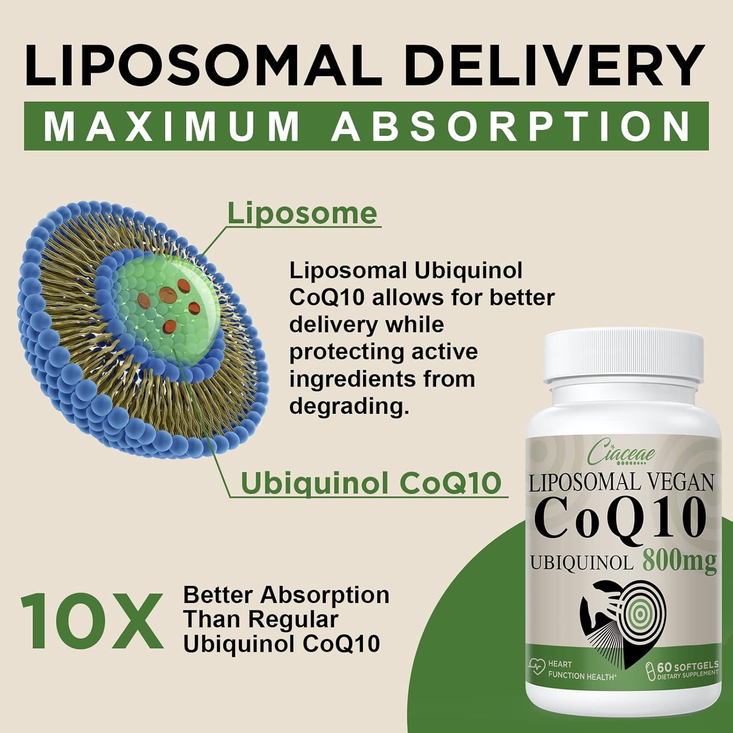 Liposomal CoQ10 800mg Ubiquinol Softgel, Max Absorption Ubiquinol Coenzyme Q10, Ubiquinol CoQ10 Supplement for Antioxidant, Heart Function & Energy Production, Pure CoQ10 800mg, 600 Vegan Softgels