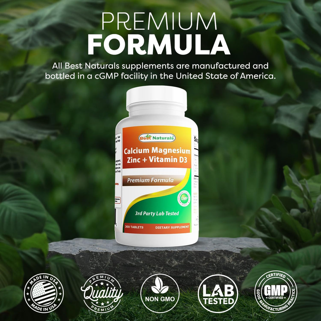 Best Naturals Calcium Magnesium Zinc with Vitamin D3, 300 Tablets - Calcium 1000 mg, Magnesium 400 mg, Zinc 25 mg & D3 600 IU per Serving (3 Tablets)