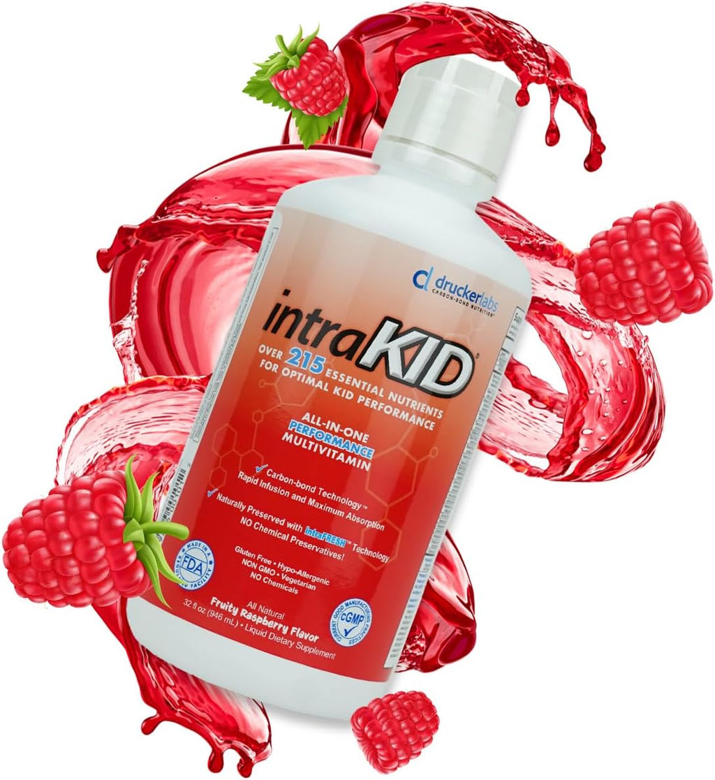 Drucker Labs Organic Liquid Multivitamin for Kids, Immune Support, Non GMO, Dairy Free, Gluten Free, Magnesium, Vitamin A,C,E, Zinc, (32 oz., Fruity Raspberry)