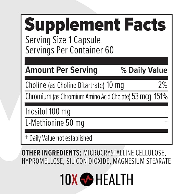 10X Health MIC Chromium Supplements - 60 Capsules - Contains Choline Inositol & L Methionine - Mineral Supplements for Daily Nutritional Support - Chromium, L-Methionine, Choline Supplements
