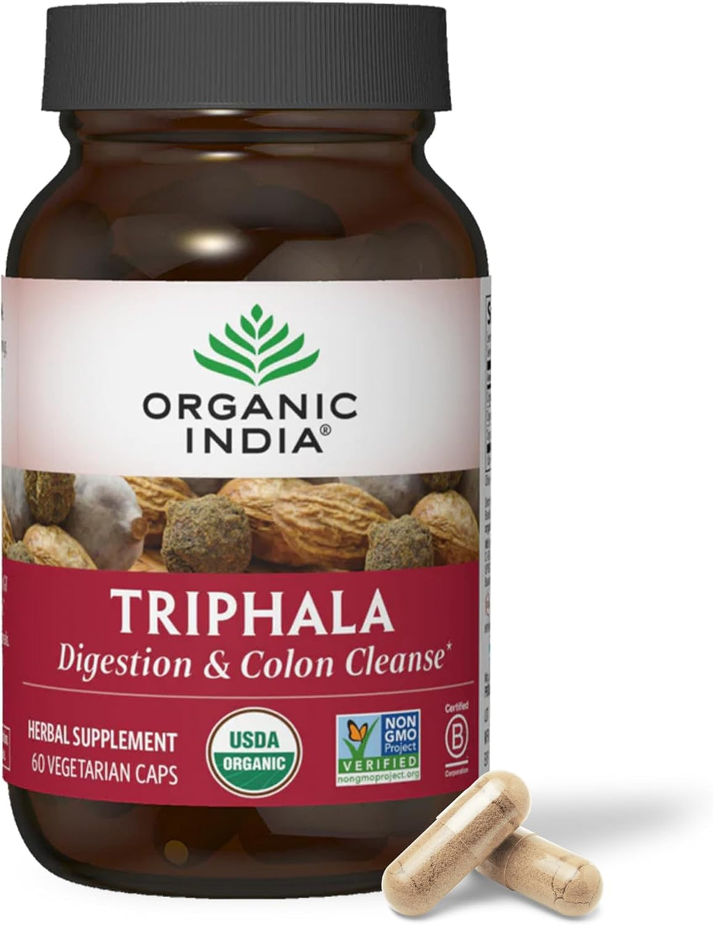 ORGANIC INDIA Triphala Capsules Organic - Herbal Supplement with Amla, Bibhitaki, Haritaki, Digestion & Colon Support, Immune System Support, Adaptogen, Vegan, USDA Certified Organic - 60 Capsules
