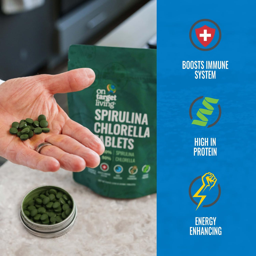 On Target Living Organic Spirulina Chlorella Travel Size | Super Greens | USDA Organic | 250 Tablets- 250 G (2.2 oz) | Vegan | Immune Support | Alkalyzing | Protein Dense