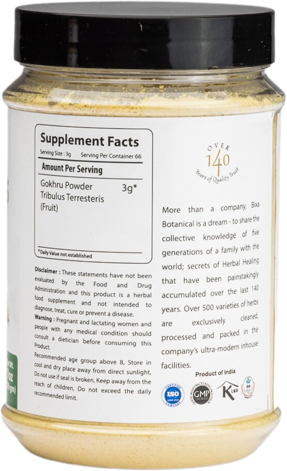 bixa BOTANICAL Tribulus Terrestris Powder (Gokshura/Gokhru) - 200g/ 7 Oz | Herbal Supplement | Gluten Free, Non-GMO, Steam Treated, Vegan, 100% Pure.