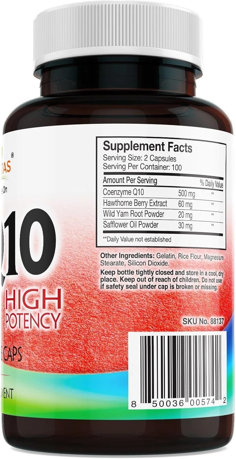High Potency CoQ10 500mg Per Capsule 200 Veggie Capsules for Heart Health Energy & Antioxidant Support Coenzyme Q10