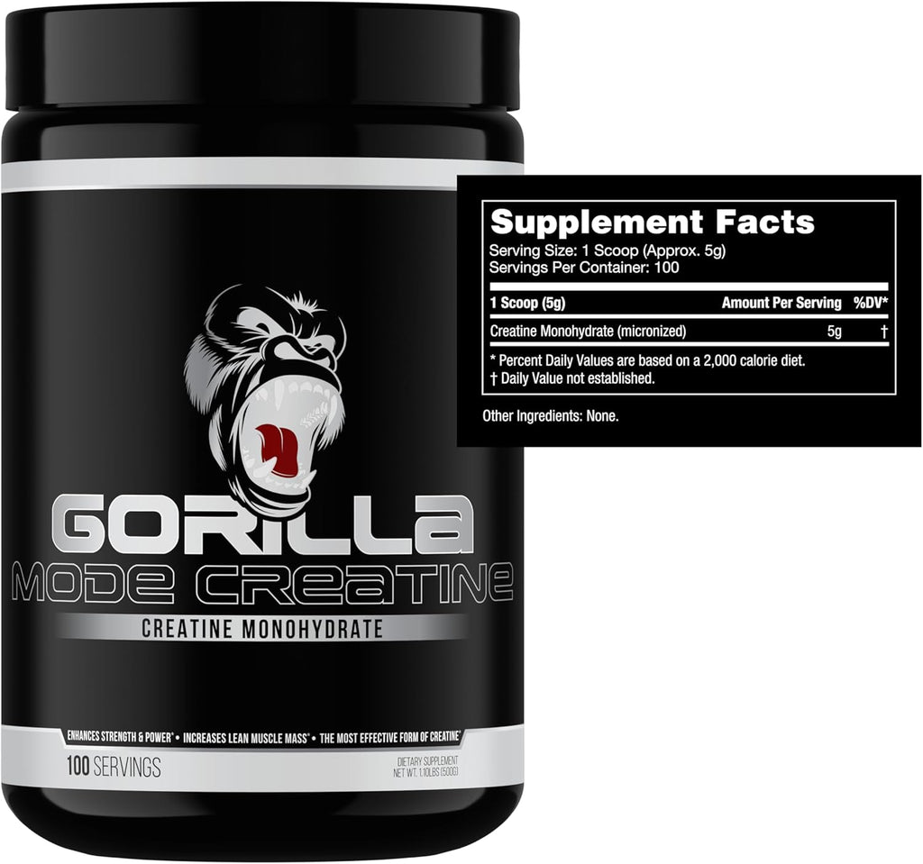Gorilla Mind Creatine Monohydrate Micronized Powder, Improved Muscle Size, Power Output and Strength, 5 Grams per Serving, 100 Servings