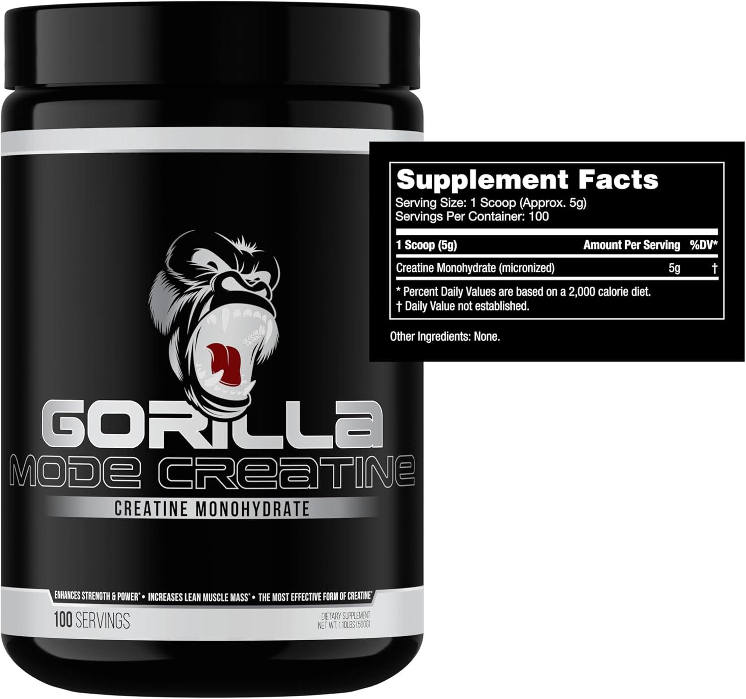Gorilla Mind Creatine Monohydrate Micronized Powder, Improved Muscle Size, Power Output and Strength, 5 Grams per Serving, 100 Servings