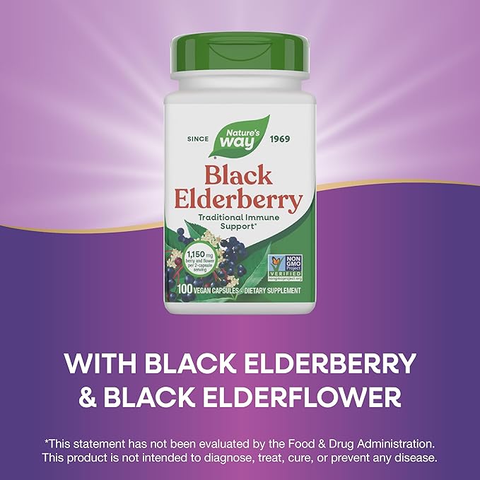 Nature's Way Black Elderberry Capsules, Traditional Immune Support* Supplement with Elderberry and Elderflower, Plant Powered, 100 Capsules (Packaging May Vary)
