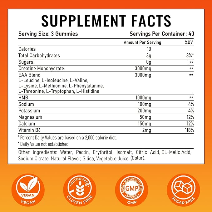 EAA Gummies for Men Women, 120 Ct Essential Aminos Acids (EAA)Supplements and All Branched-Chain Aminos (BCAAs)with HMB,Creatine Monohydrate,Electrolytes for Muscle Relief & Growth,Orange-Lemon