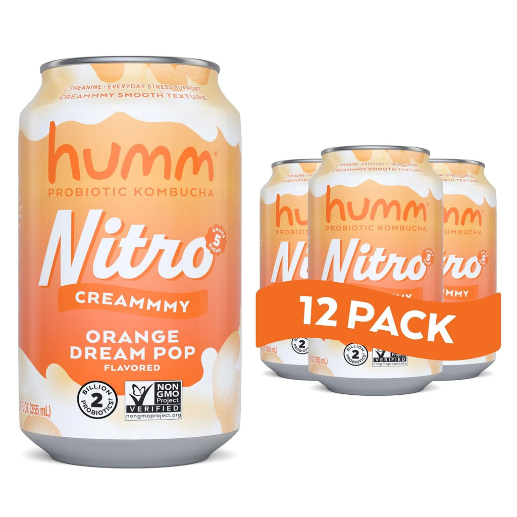 Humm Nitro Kombucha Orange Dream Pop, Creamy Smooth Probiotic Drink with L-Theanine, Non-GMO, Vegan, Gluten Free, 12 fl oz (Pack of 12)