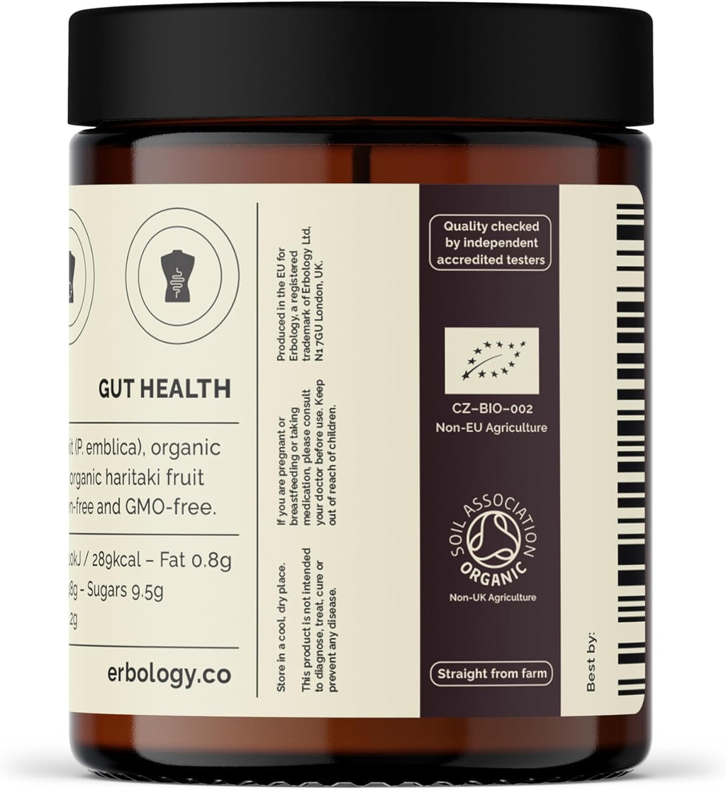 Erbology Organic Triphala Powder 3.2 oz - 45 Servings - Ayurvedic Blend of Amla, Haritaki and Bibhitaki - Gut Health - Sustainably Sourced Straight from Farm in India - Small Batch - Vegan - GMO-Free