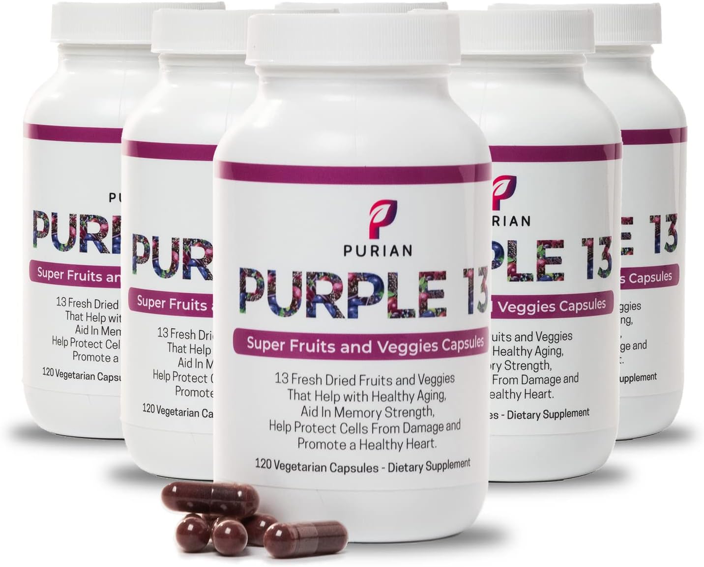 PURIAN Purple SuperFood Fruit and Veggie Supplement Fresh Dried Purple Fruit and Vegetable Supplements Promotes Anti-Aging, Heart Health, Aids Memory Strength, 720 Vegetarian Capsules, 6 Pack