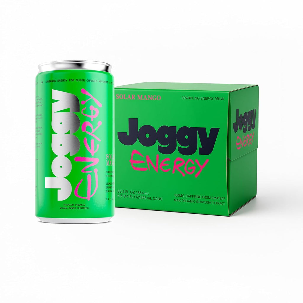 Joggy Organic Energy Drink | Solar Mango (4 Pack) | Zero Sugar Pre Workout Energy Drink for Men & Women | Plant-Based, Gluten Free, Vegan, Non-GMO, Ready to Drink | Non-Jittery Focus Drink