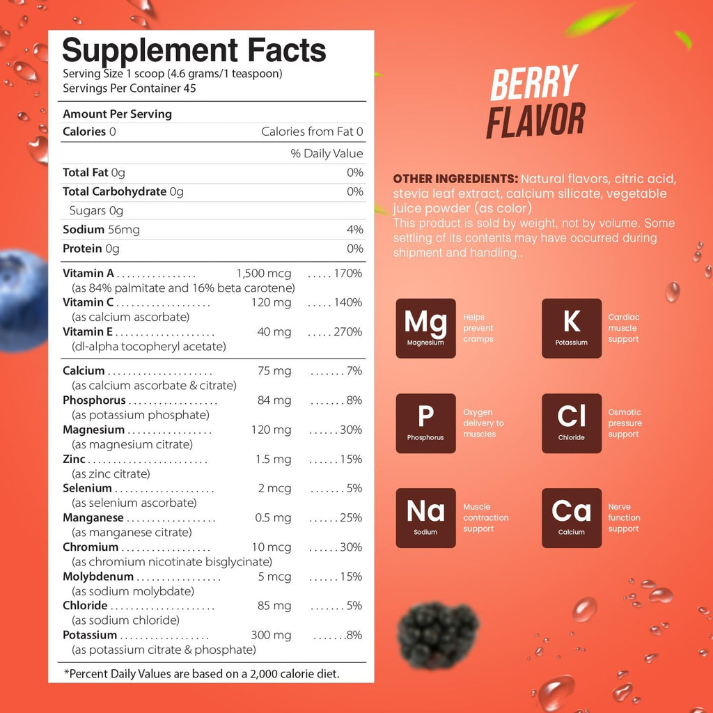 Electrolyte Powder - Refreshing Workout Recovery Electrolytes, Sugar Free, Gluten Free & Vegan, Pure Keto & Paleo Hydration Beverage, Immune Boosting Vitamins (198 Grams, Berry)
