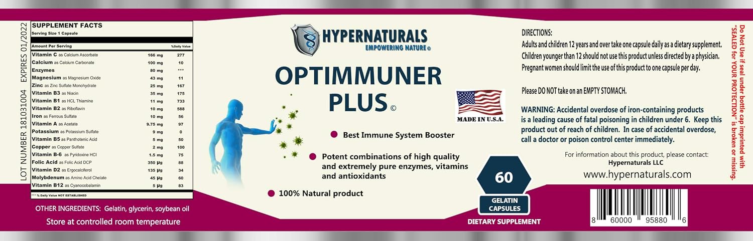 OPTIMMUNER Plus - Immune System Booster – 100% Natural Supplement - Real Improvements, 60 Caps