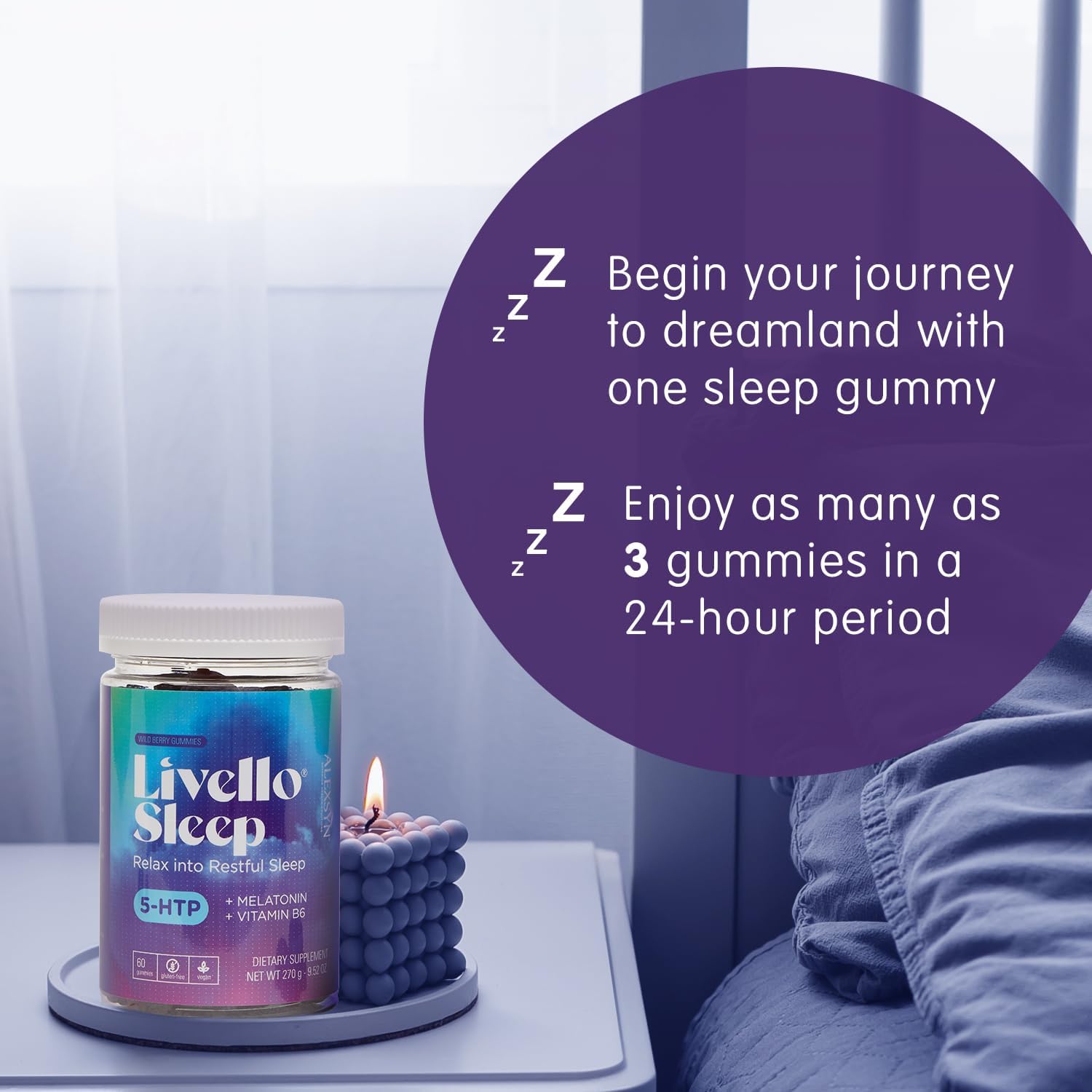Livello Sleep Wild Berry Gummies - 60 Servings Natural Sleep Support with 5-HTP, Melatonin, and Vitamin B6 for Peaceful Night, Vegan & Gluten-Free