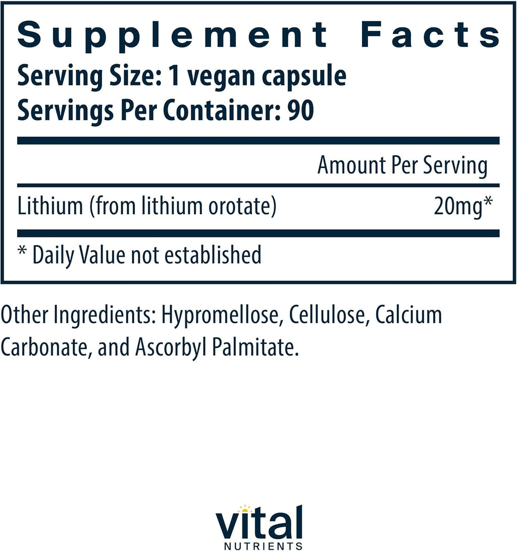 Vital Nutrients Lithium Orotate 20mg | Vegan Lithium Supplements for Memory, State of Mind, and Behavioral Health* | Gluten, Dairy, Soy Free | 90 Capsules