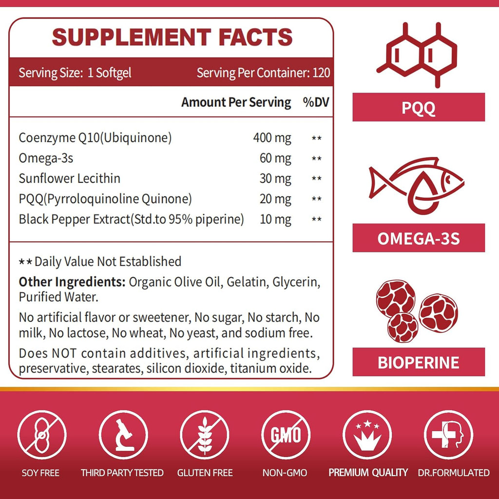 ZEBORA CoQ10-400mg-Softgels with PQQ, BioPerine & Omega-3, Coenzyme Q10(Ubiquinone) Supplement for High-Absorption, Powerful-Antioxidant, Support Heart & Energy-Production, 120 Servings
