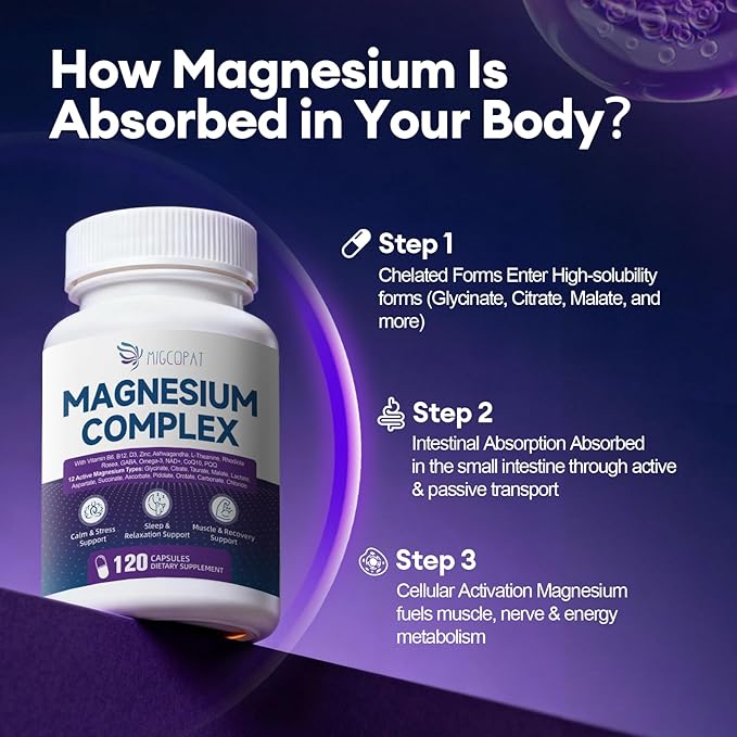 Magnesium Complex w/Magnesium Glycinate, Malate, Citrate | 24-in-1 Magnesium Supplement w/Ashwagandha, L-Theanine & NAD+ | Supports Calm, Energy, Muscle & Sleep | Non-GMO, 120 Vegan Caps