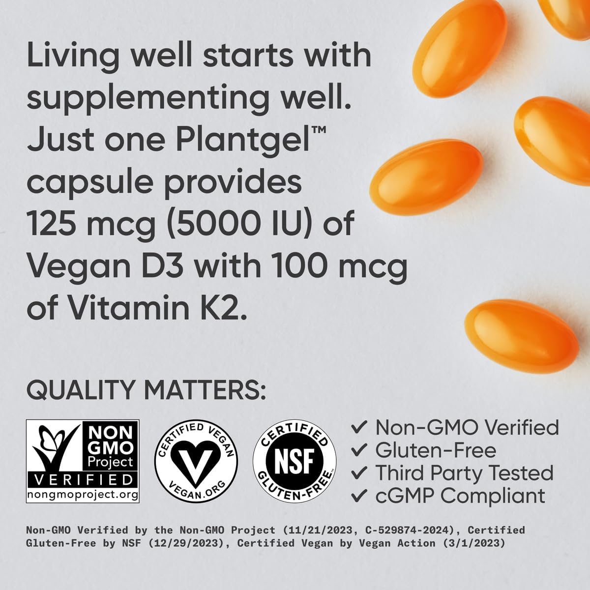 Sports Research® Vitamin D3 + K2 with Coconut MCT Oil | Vegan D3 5000 IU with K2 100 mcg for Bone & Immune Health | Vegan Certified, Soy & Gluten Free - 120 Softgels