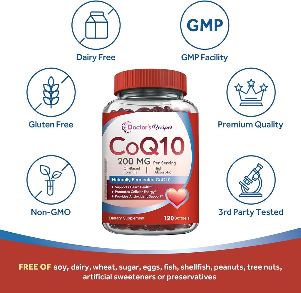 Doctor's Recipes CoQ10 200mg Per Serving, High Absorption Coenzyme Q10 Supplement with Olive Oil, Heart & Vascular Health, Energy Production & Antioxidant Support, 2 Month Supply, 120 Softgels