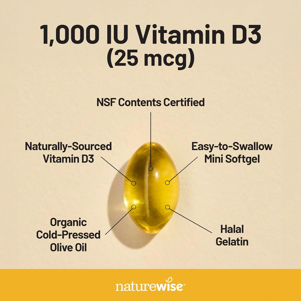 NatureWise Vitamin D3 1000iu (25 mcg) 90-Day Supply for Immune Support, Healthy Muscle Function, and Bone Health - Non-GMO, Gluten Free in Organic Extra Virgin Olive Oil, (Mini Softgel), 90 Count