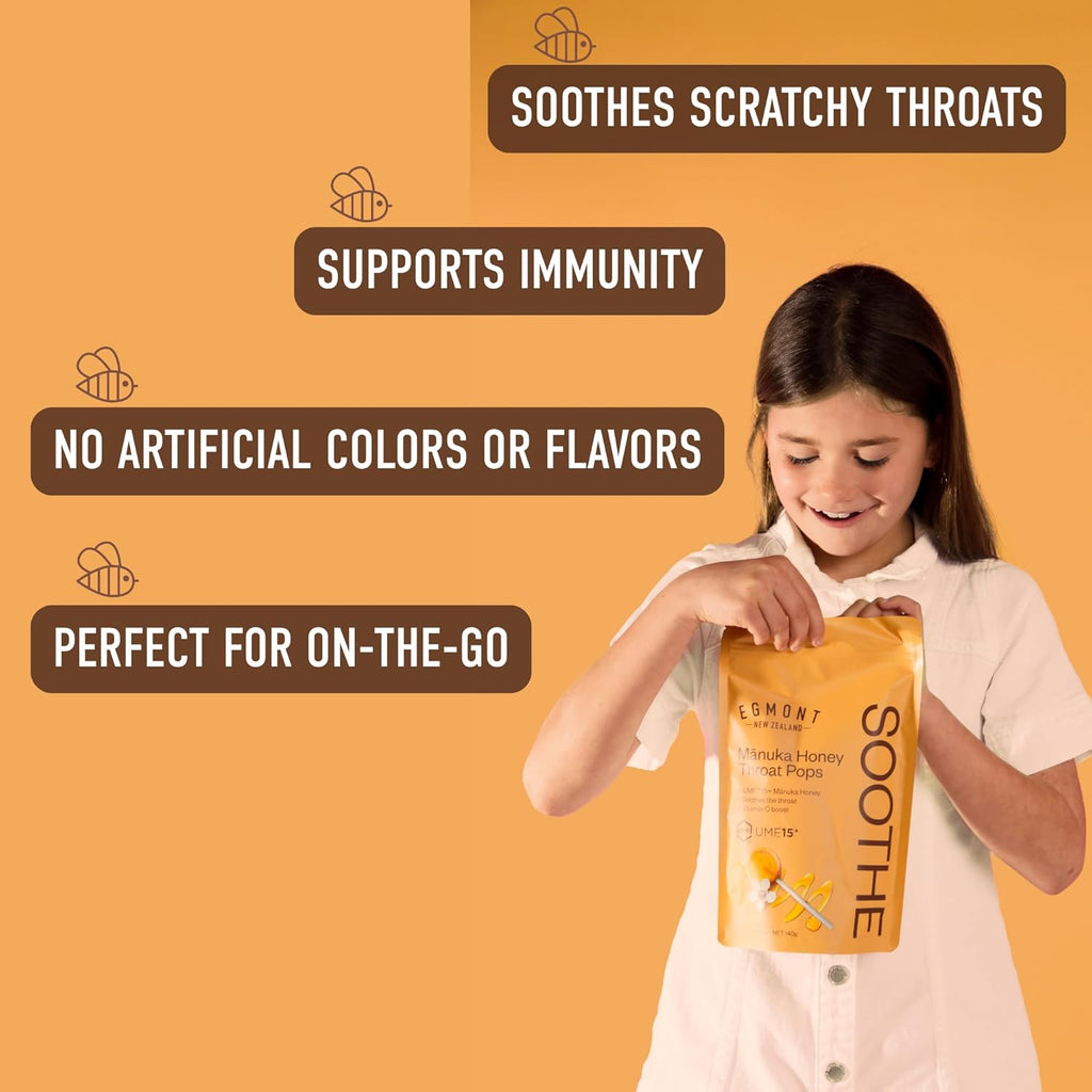 Egmont Honey Manuka Honey Throat Pops 20 Count | UMF 15+ New Zealand Honey with Vitamin C | Natural Soothing Lollipops for Kids & Adults