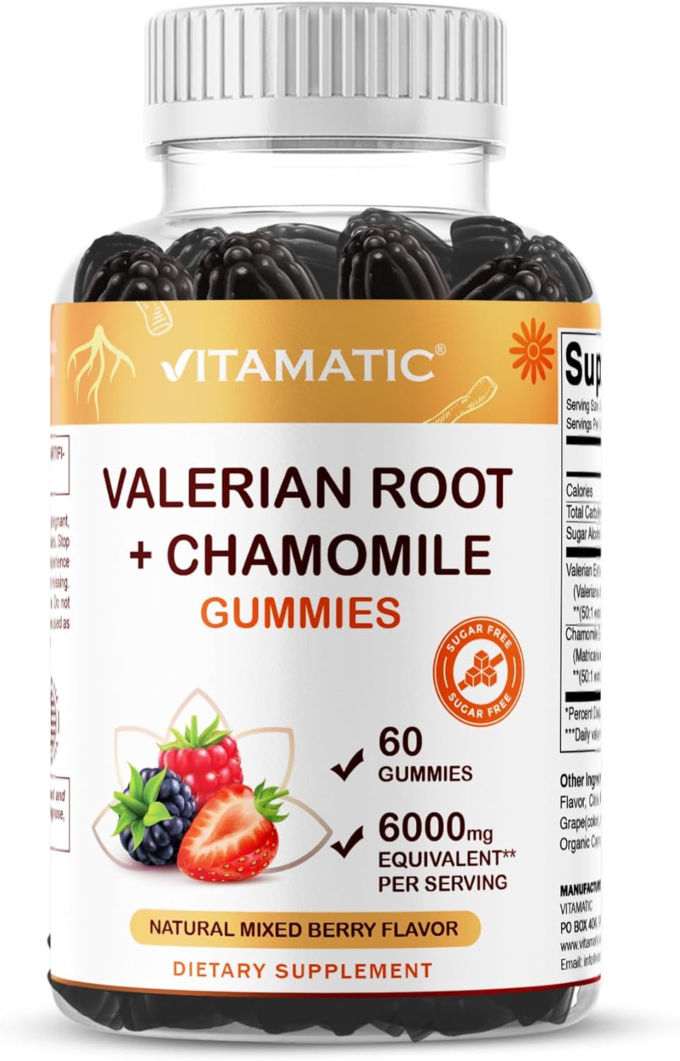 Vitamatic Valerian Root Chamomile Gummies – 6000 mg Equivalent Per Serving – Mixed Berry Flavor – 60 Gummies – Non-GMO, Gluten-Free – 30 Servings