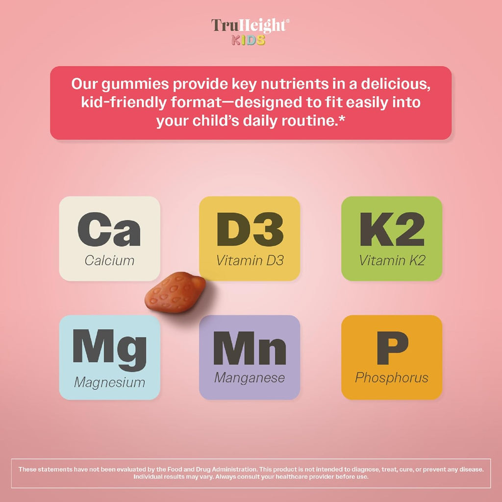 TruHeight Kids Bone Growth Gummies (Strawberry, Ages 2+) All Natural Kids & Toddler Vitamins - Vitamin D, Calcium, K2, Magnesium Multivitamin - Natural Growth & Development, Builds Strong Bones, Vegan