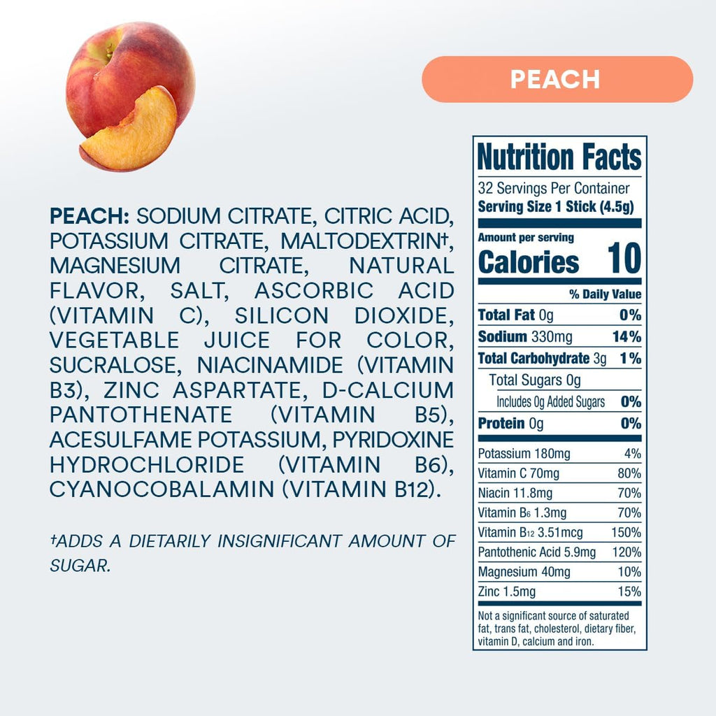 DripDrop Sugar Free Hydration Packets - Zero Peach - Single Serve Electrolytes Powder Drink Mix - Non-GMO, Gluten Free, Vegan - 32 Sticks