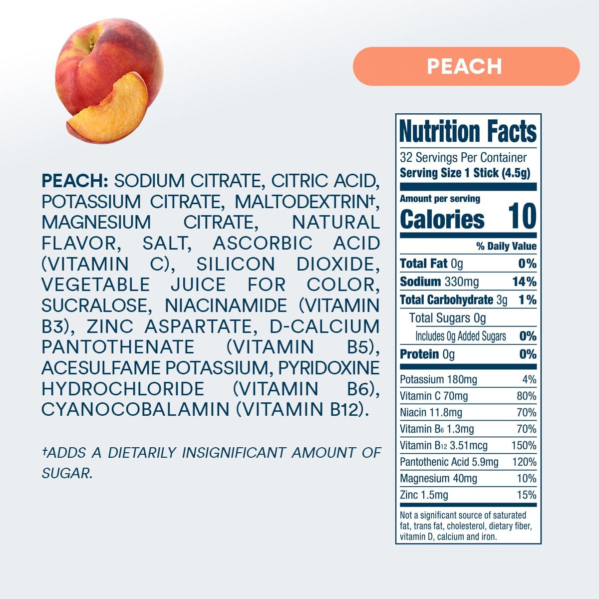 DripDrop Sugar Free Hydration Packets - Zero Peach - Single Serve Electrolytes Powder Drink Mix - Non-GMO, Gluten Free, Vegan - 32 Sticks