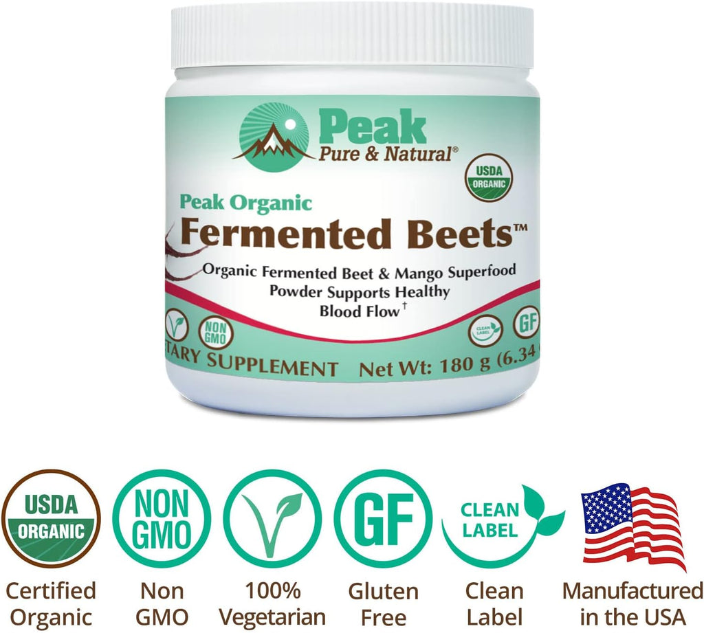 Peak Pure & Natural Peak Organic Fermented Beets - Organic Fermented Beet Powder Superfood Drink Powder - Nitric Oxide Supplement Support for Normal Blood Pressure