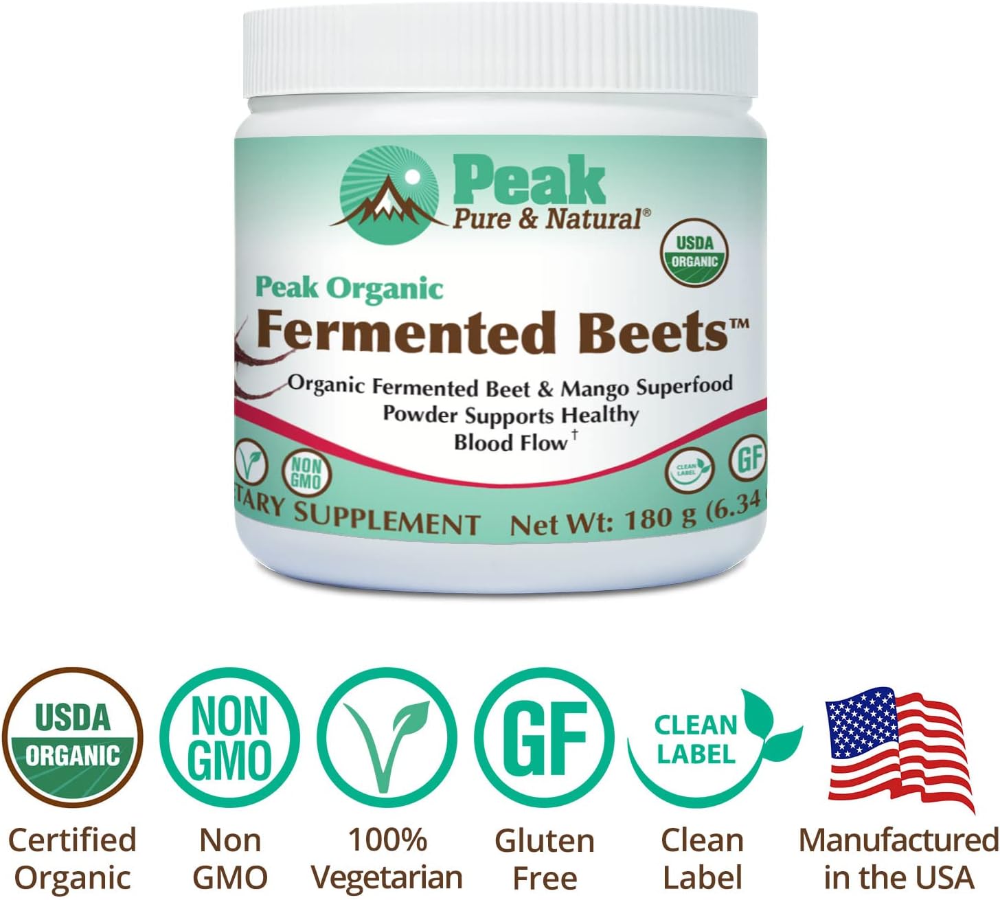 Peak Pure & Natural Peak Organic Fermented Beets - Organic Fermented Beet Powder Superfood Drink Powder - Nitric Oxide Supplement Support for Normal Blood Pressure