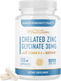 Chelated Zinc Supplements | Zinc Glycinate 30mg | Highly-Absorbable TRAACS Chelated Bisglycinate, Vitamin B6 and BioPerine | Immune Support, Acne & Energy | Non-GMO, Gluten-Free | 120 Capsules