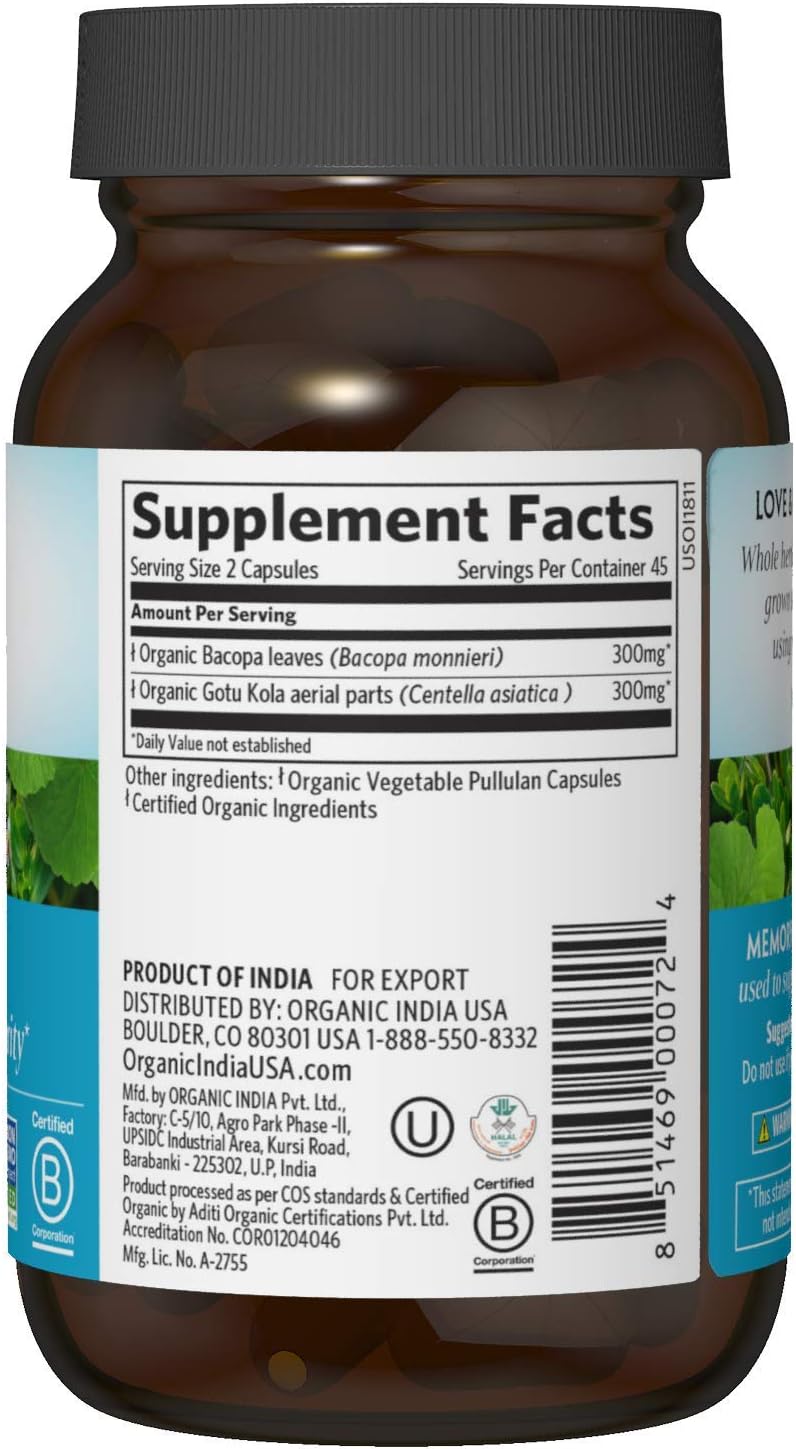 ORGANIC INDIA Memory Herbal Supplement - Brain Supplement for Memory and Focus, Bacopa Monnieri & Gotu Kola Brain Herbal Supplement, Memory Support - USDA Certified Organic, Non-GMO - 90 Capsules
