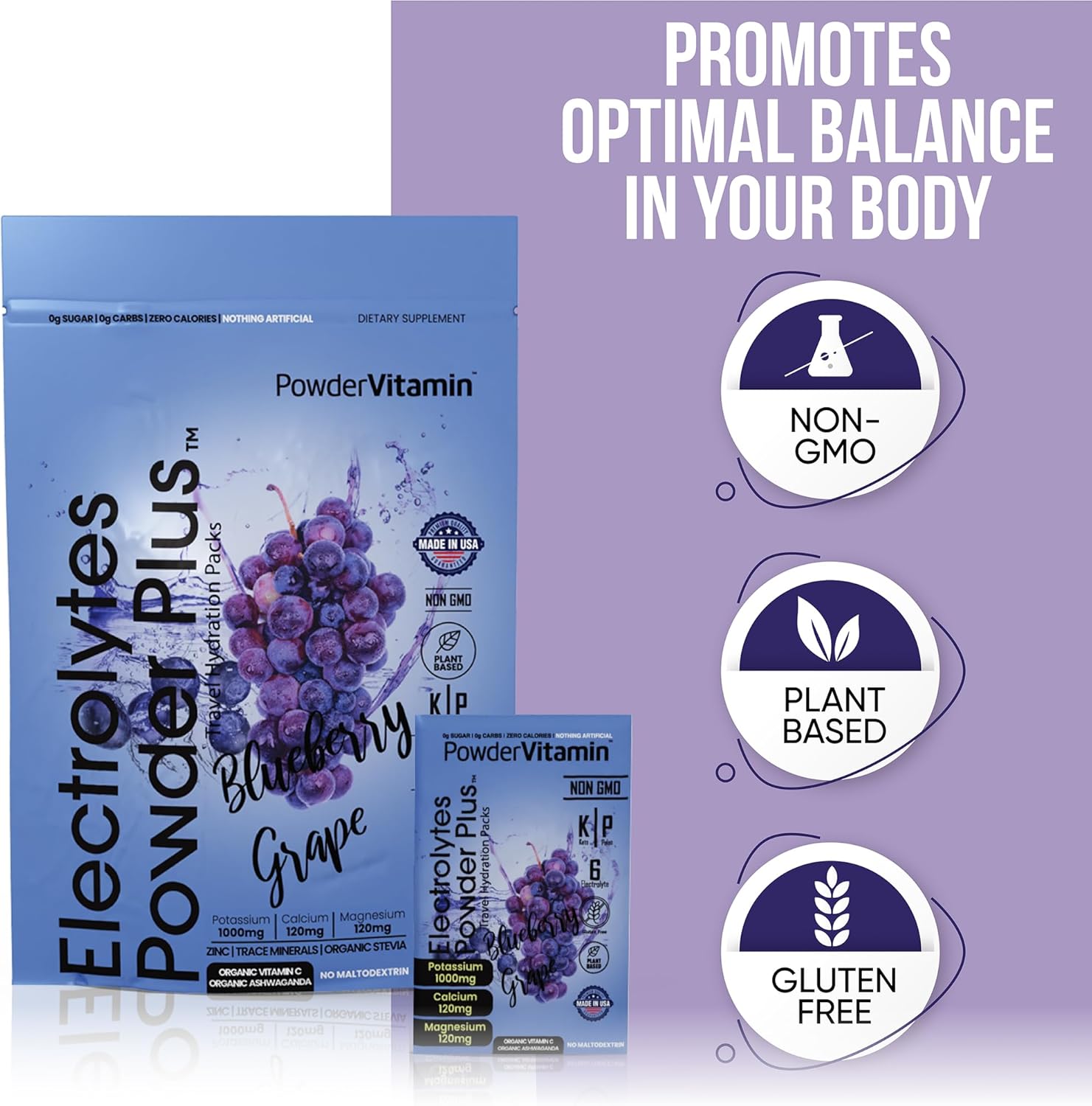 PowderVitamin Electrolytes Powder Plus, Keto, Blueberry Grape, Zero Sugar, 1000mg Potassium, 120mg Calcium, 120mg Magnesium, Non-GMO, Zero Calories, 30 Hydration Packets