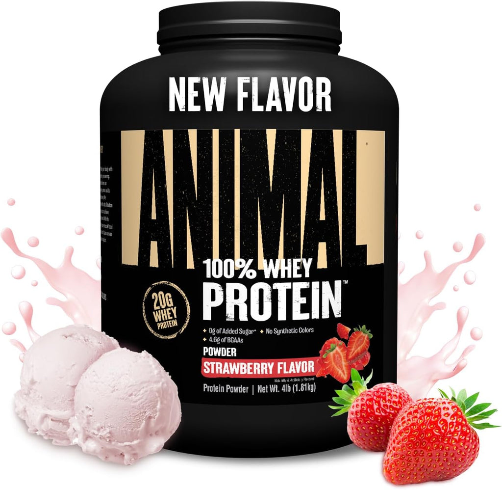 Animal 100% Whey Protein Powder – Whey Blend for Pre or Post Workout, Recovery, Anytime Low Sugar Protein Boost Meal Replacement with BCAA Branched Chain Amino Acids – New Flavor, Strawberry, 4 lb