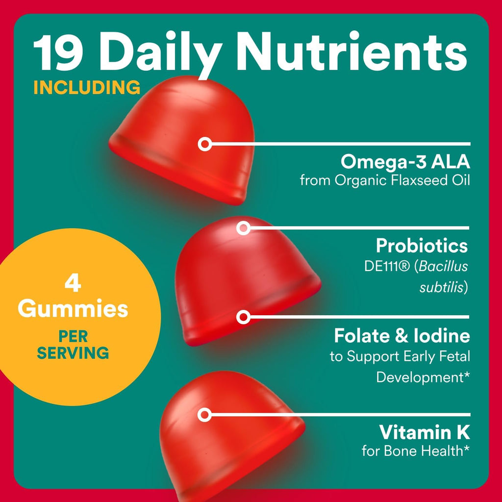 SmartyPants Organic Prenatal Vitamins for Women, Multivitamin Gummies: Probiotics, Biotin, Methylfolate, Omega 3 (ALA), Vitamin D3, C, Vitamin B12, B6, A, K2 & Zinc, Choline, 120 Count (30 Day Supply)