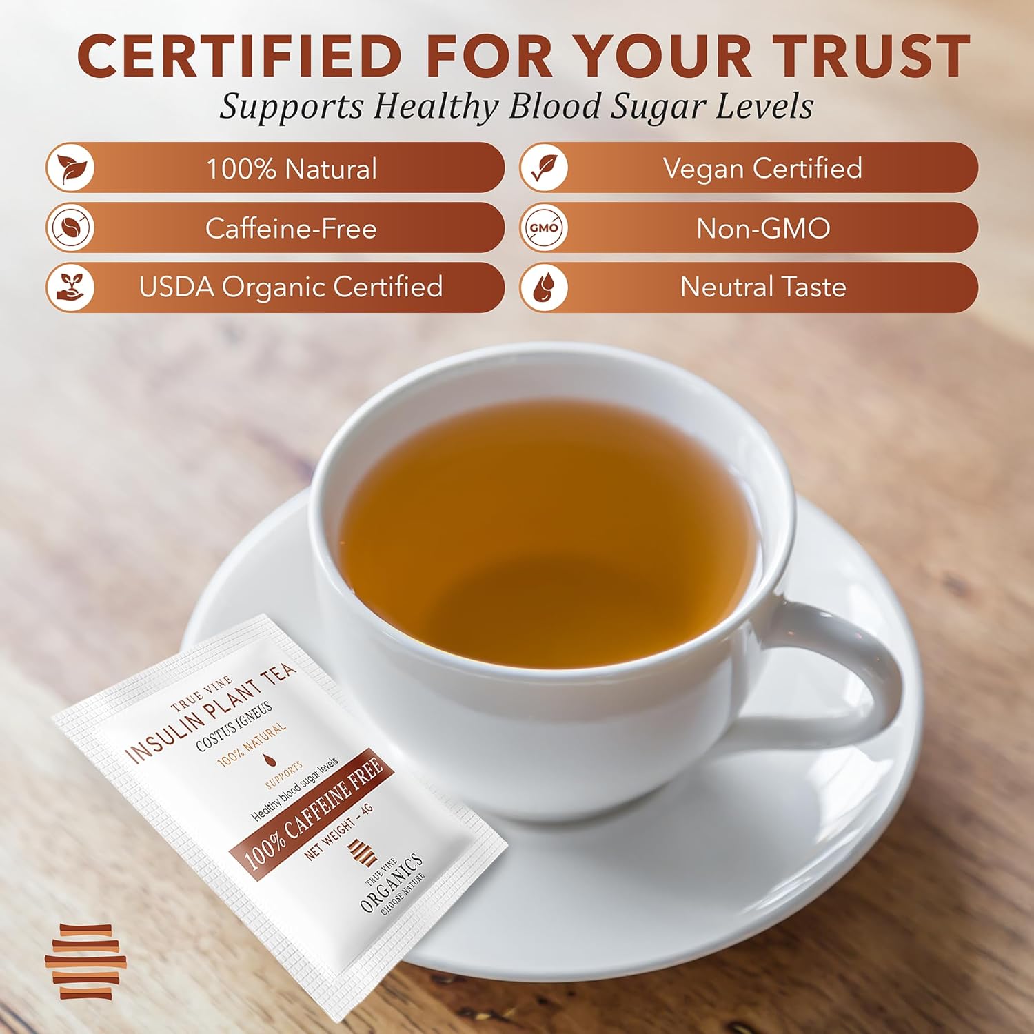 True Vine Insulin Plant Tea (USDA Organic) — Herbal Organic Tea Bags for Blood Sugar Support, Digestive Wellness & Metabolic Balance — 100% Natural, Caffeine-Free, No Additives – 31 Sachets (4g Each)