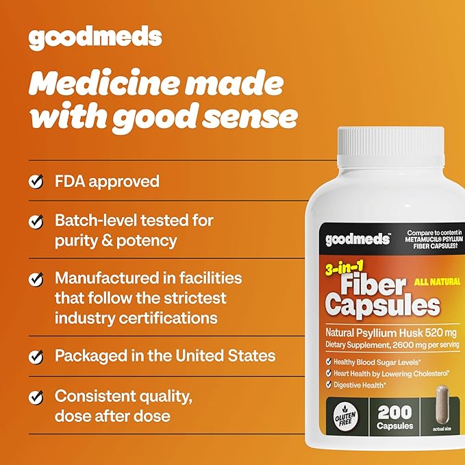 Psyllium Husk Fiber 520mg Capsules Supplement Soluble Dietary Colon Support for Women and Men, Restore Digestive Regularity and Balance (200 Count)
