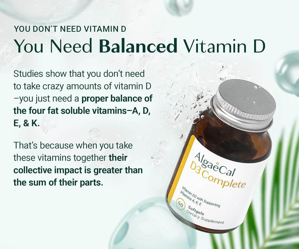 ALGAECAL 4-in-1 Vitamin D3 K2 Complete - ADK Vitamin Supplement, Enhanced Immune Support & Bone Health with D3 K2, A, & E - Whole Body Wellness & Bone Strength, 60 Easy-Swallow Softgels
