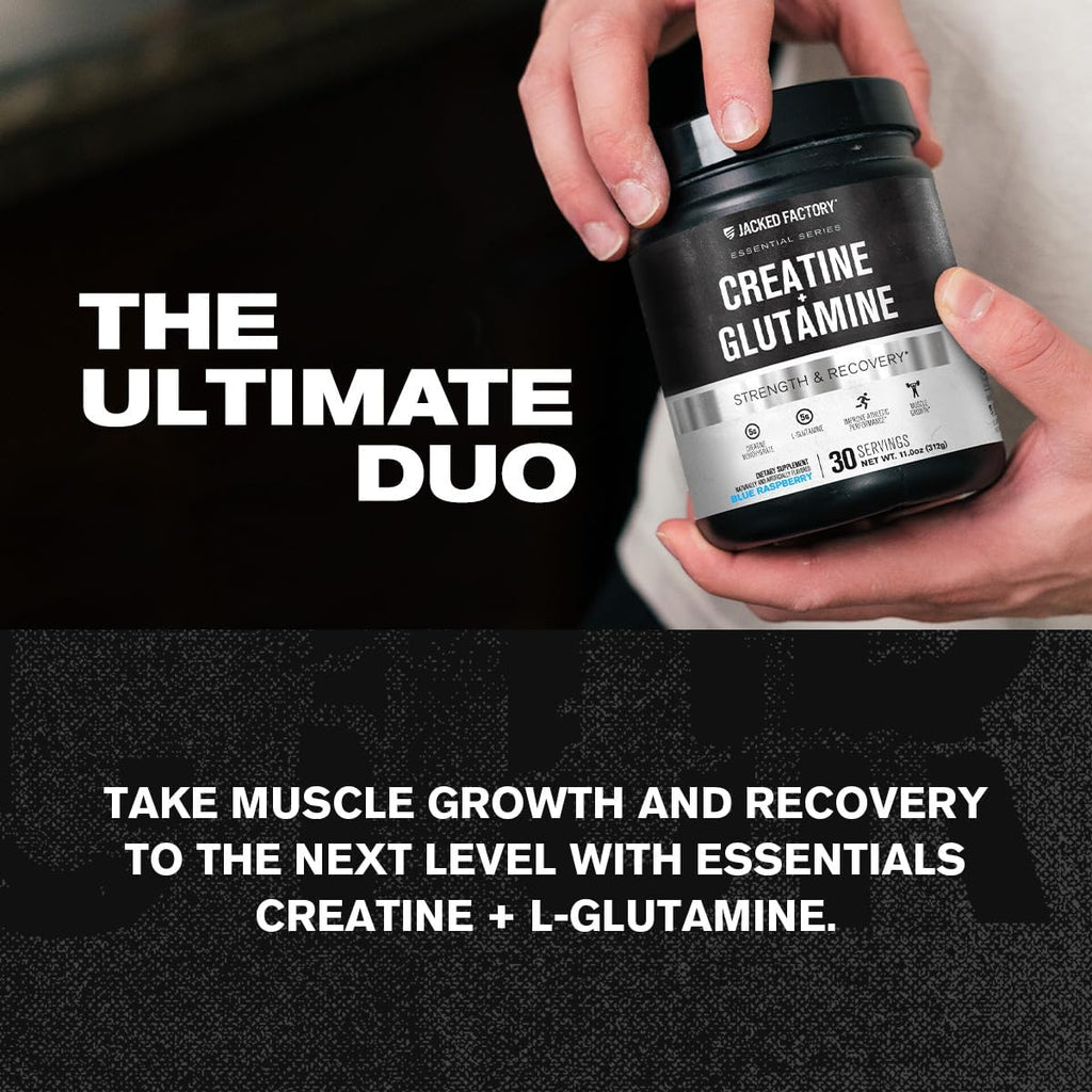 Jacked Factory Creatine + Glutamine - Creatine Supplement with L-Glutamine for Muscle Recovery, Muscle Growth, Increased Strength, Enhanced Energy Output, and Gut Health - 30 Servings, Blue Raspberry