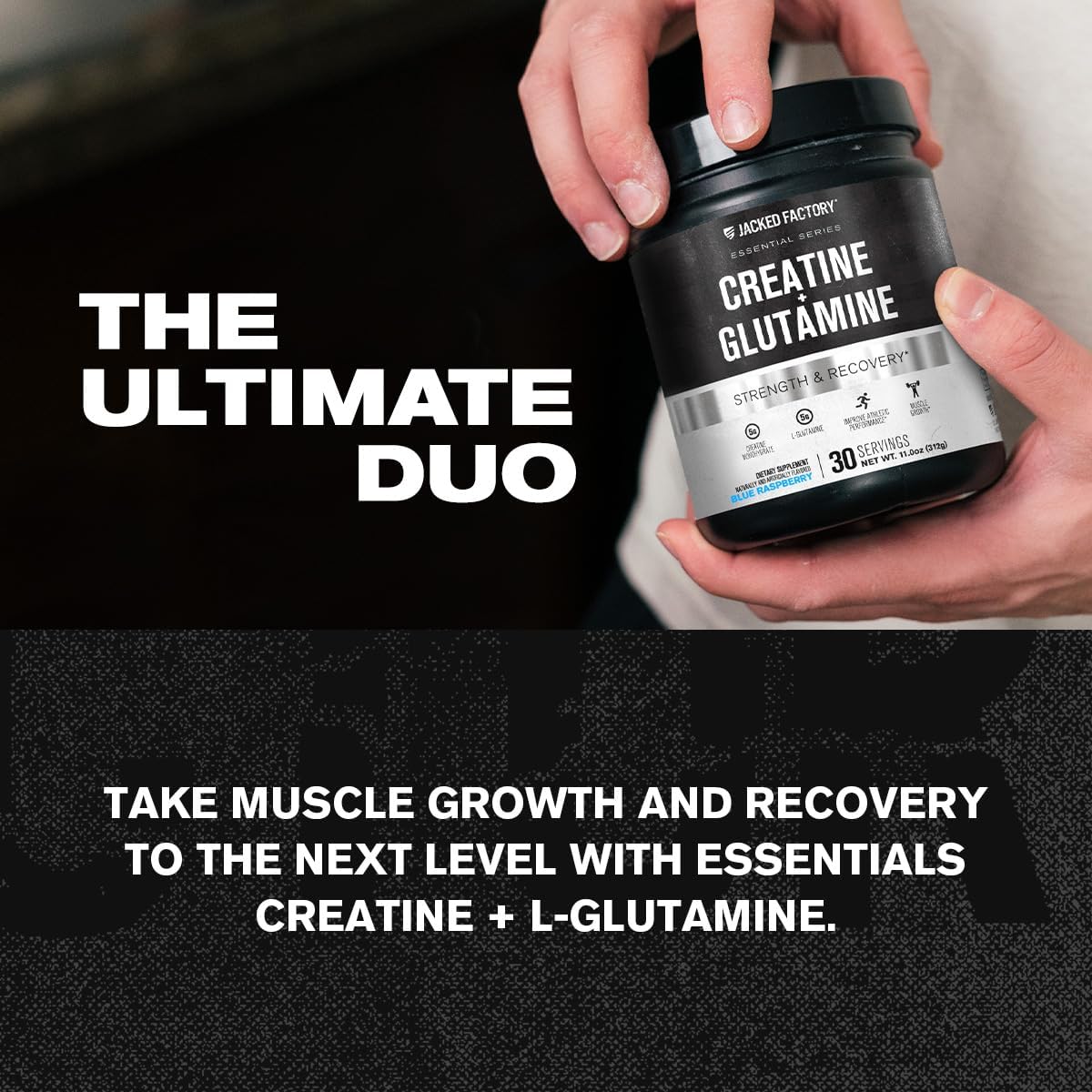 Jacked Factory Creatine + Glutamine - Creatine Supplement with L-Glutamine for Muscle Recovery, Muscle Growth, Increased Strength, Enhanced Energy Output, and Gut Health - 30 Servings, Blue Raspberry