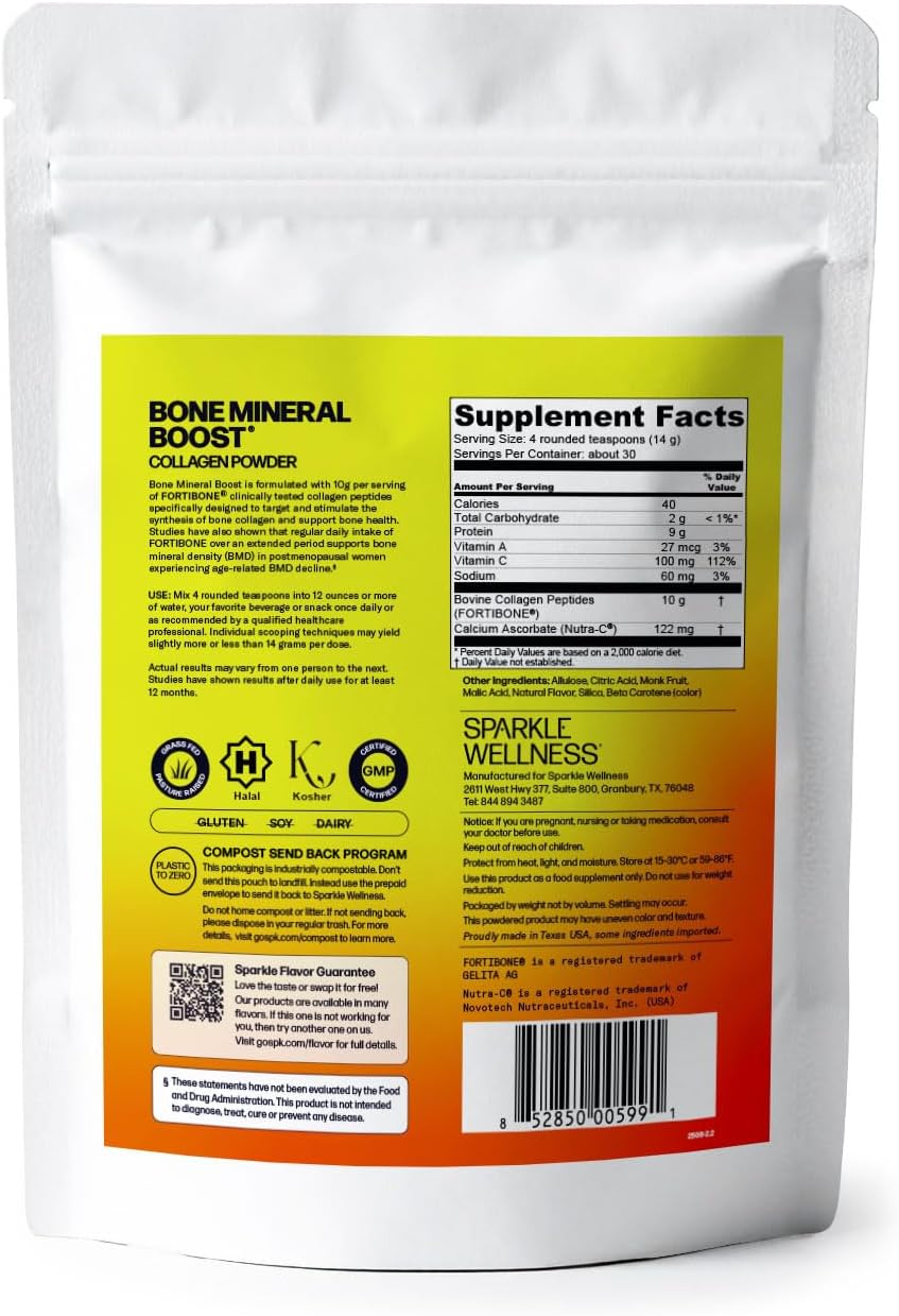 Sparkle Wellness Bone Mineral Boost (Tropical) [30 Serves] | Collagen Powder Supplement | FORTIBONE Bioactive Collagen Peptides and Buffered Vitamin C Nutra C | Bone Supplements
